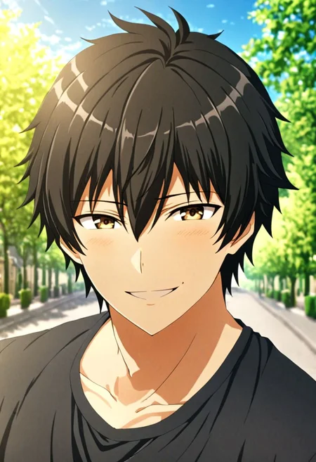high resolution, solo, best quality, 1Boy, Seiya Kanie, black hair, short hair, Looking at viewer, happiness, depth of field, half body, outdoor, OverallDetail