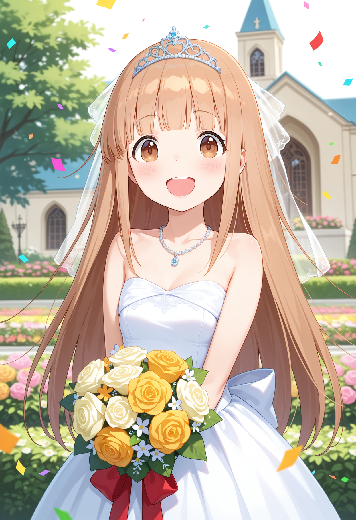 best quality, masterpiece, 1girl, aamiyano, long hair, brown hair, blunt bangs, brown eyes, <lora:miyano_(tanakeda)_ilxl_v1:0.9>, garden, church, wedding dress, tiara, necklace, smile, open mouth, bouquet, confetti, cowboy shot, standing,