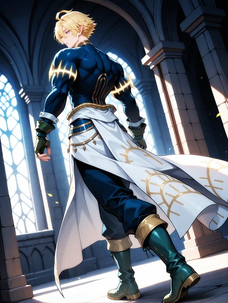 masterpiece, best quality, perfect hands, hyper-Detailed, amazing quality, very aesthetic, amazing quality, dynamic angle, imposeidonror, solo, 1boy, full body, from behind, blonde hair, blue eyes, muscular, short hair, gloves, fingerless gloves, hair between eyes, ahoge, pectoral cleavage, pointy ears, shrug (clothing), pants, long sleeves, waist cape, boots, sexy, seductive, indoor, inside a castle, elegant surroundings, deep of field, detailed background
