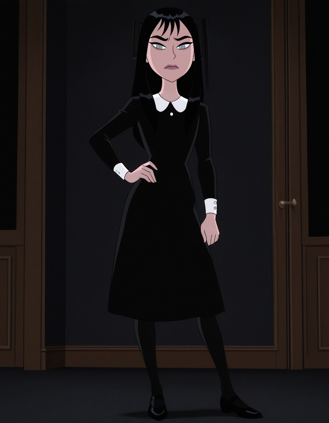 black dress, black pantyhose, shoes, 
indoors, dark background,
1girl, solo, standing, hand on own hip, looking at viewer, 
 <lora:batmancc-nocturna:1> xnocturnax, black hair, long hair, grey eyes,