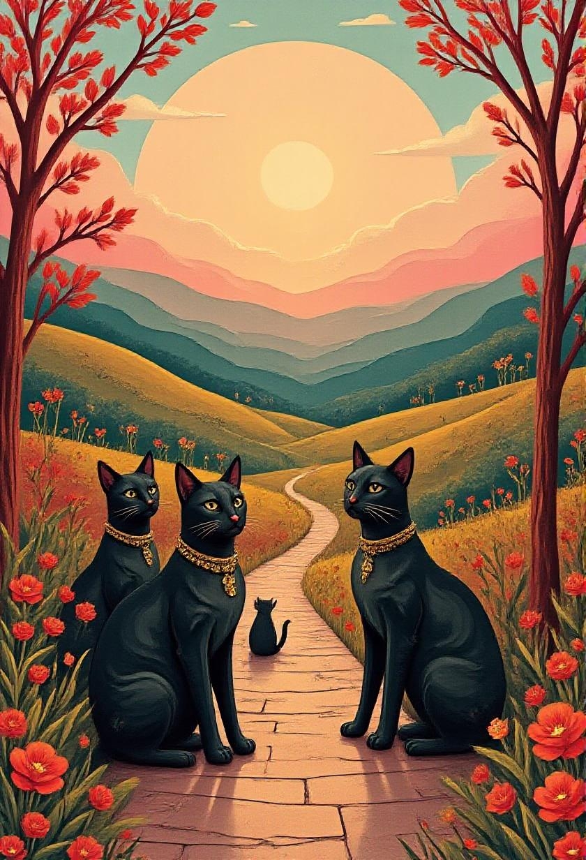 <lora:FolkCartoon.safetensors:1>
In the heart of a luminous, metallic landscape, the rolling hills shimmer under a sunlit sky, their surfaces polished like mirrors, reflecting the vibrant hues of the surrounding world. Three elegant, sleek black cats, with coats that glisten like polished onyx, sit regally amidst lush greenery and vivid red trees. Each cat, poised with an air of regality, wears a delicate, ornate collar adorned with intricate floral patterns and small, sparkling jewels. Their eyes, deep and soulful, catch the light, adding to the opulent, almost sculptural quality of the scene.
The hills, rendered in a polished, reflective material that resembles chrome, are adorned with ornate curves and flowing, asymmetrical designs. Floral motifs and delicate, swirling patterns weave through the landscape, creating a grand, Rococo-inspired aesthetic. The trees, with their vibrant red leaves, stand tall and proud, their branches reaching out in graceful arcs, framed by the intricate, almost Baroque flourishes that surround them.
The sky, painted in rich jewel tones of deep pink and teal, is punctuated by fluffy, cotton-candy clouds that seem to float in a dreamlike haze. Subtle gradients and translucent textures give the sky depth and a sense of ethereal brightness, enhancing the luxurious appeal of the scene. Dramatic lighting highlights the metallic surfaces, casting glints and reflections that add to the glossy, opulent finish.
In the distance, a winding pathway, lined with more black cats and a variety of wildlife, cuts through the colorful terrain. The pathway, smooth and sleek, contrasts with the ornate, highly decorative elements of the foreground, offering a hint of modern minimalism. Delicate, intricate floral patterns frame the entire composition, adding depth and a playful touch to the whimsical, yet regal, landscape. The scene is a perfect synthesis of baroque sophistication and contemporary glamour, where each element is both timelessly ornate and strikingly modern.