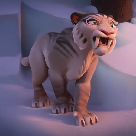 score_9, score_8_up, score_7, score_6_up, score_5, snow and ice and forest walls in background, solo, (shira:1.2, saber-tooth tiger), roaring, green eyes, ice age, furry body, silver-grey fur with black stripes,