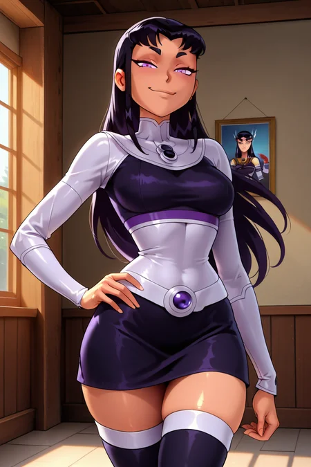 masterpiece, best quality, solo, curvy, beautiful eyes,zzBlkFr, purple eyes, black hair, long hair, long sleeves, thighhighs, skirt, <lora:BlackfireDCIXL_v2:1.0>, cowboy shot, hand on hip, smug, smile, looking at viewer, shiny skin,