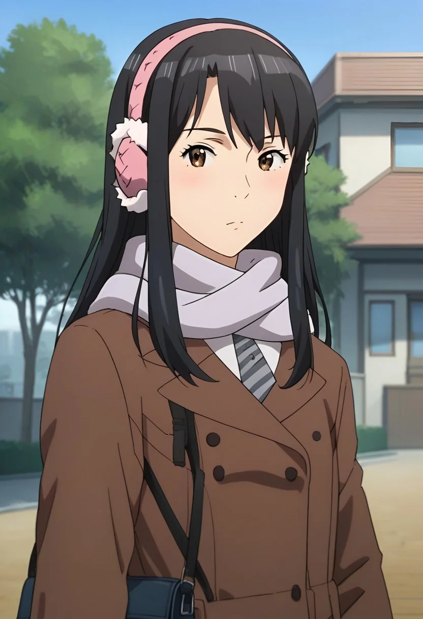 score_9, score_8_up, score_7_up, score_6_up, score_5_up, 1girl, KanaKimishima, black hair, long hair, brown eyes, bangs, pink earmuffs, necktie, grey scarf, brown coat, black skirt, pleated skirt, sexy, female focus, fantasy, expressive, skindentation, skinny, 1female, masterpiece, 32K HD, beautiful attention to detail, detailed eyes, shiny skin, wide lens, perfect hands, perfect eyes, ((2d)), anime, source anime, flat shadows, flat colors, looking at viewer, standing, clothed female, uncensored , ((feet out of frame)), outdoors, close up, upper body, cowboy shot