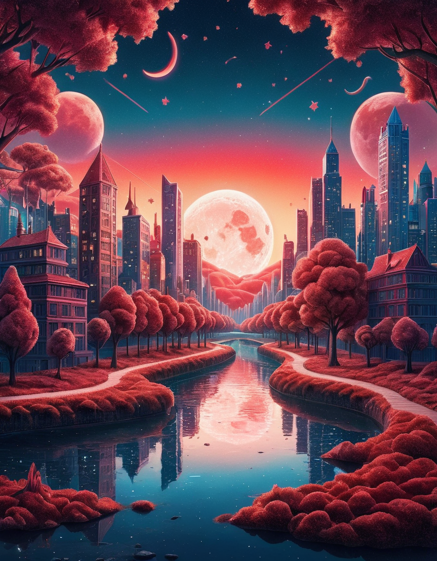 Dreamyvibes artstyle, Surreal landscape blending day and night, where a river of stars divides a cityscape merging with a forest. Architectural elements float, defying gravity, with a backdrop of a dual sunset and moonrise, High detail, ethereal glow, and vibrant color palette, anime style <lora:ral-rdvlv:1> ral-rdvlv