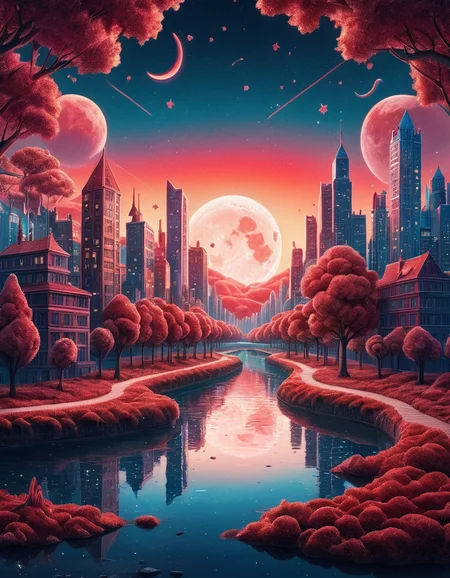Dreamyvibes artstyle, Surreal landscape blending day and night, where a river of stars divides a cityscape merging with a forest. Architectural elements float, defying gravity, with a backdrop of a dual sunset and moonrise, High detail, ethereal glow, and vibrant color palette, anime style <lora:ral-rdvlv:1> ral-rdvlv