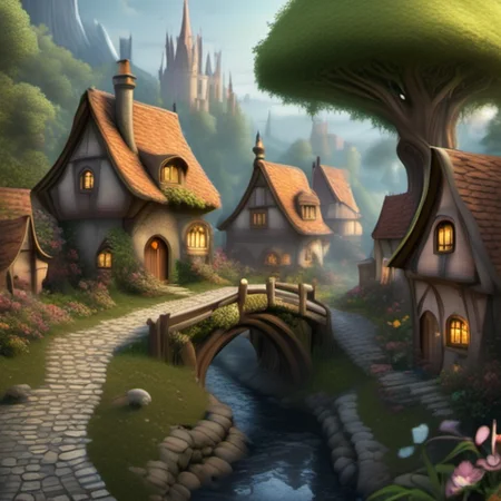 <lora:Fairy_Tale_Village:1>a beautiful fairy tale village with a cobblestone path and a small creek, some trees, and flowers, detailed, realistic, photographic