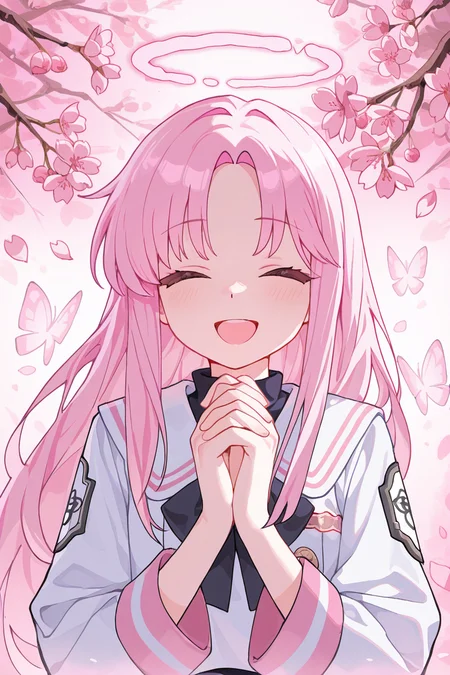 masterpiece, best quality, amazing quality,
<lora:Lango_IL:1> lango, pink hair, halo, closed eyes, solo, own hands together, open mouth, own hands clasped, male focus, bug, 1girl, butterfly, smile, cherry blossoms, parted bangs, upper body, bangs, angel