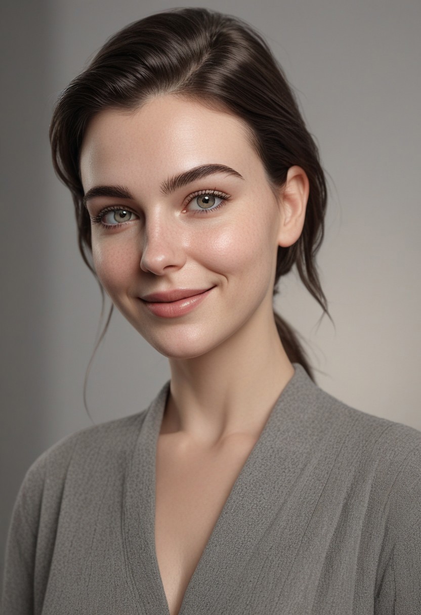 30yo american woman in a photostudio
Modeling High cut, high Quality Dress.
Slight makeup, heavy rimmel. Clear skin.  realistic skin style
Long dark black slick back hair. 
Shooting light, indors, cable light
Studio background.
Winking left eye. Smiling.
Bokeh. Heavy Bokeh light.