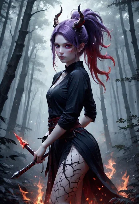 highres,best quality,ponytail,facing to the side, full body,short height,happy,(purple eyes),photograph,realistic lighting,cute face,1girl,red tips on hair,red skin, fantasy world,in the forest, warlock,demon horns,skull logo, DonMD3m0nXL,blue skin:1.4, yellow eyes, anime style,blue flame,flames around hands,fantasy adventure outfit,fighting stance,dragon tail:1.5,brown shorts,thick tail:1.3,snake tail:1.3