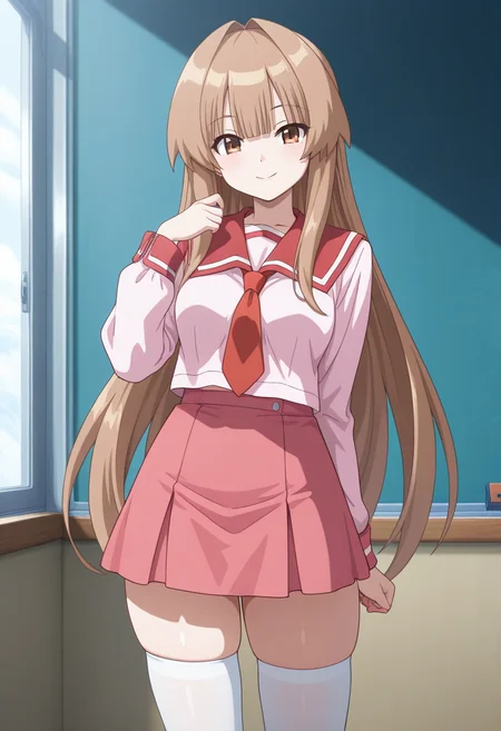 masterpiece, best quality, amazing quality, 1girl, solo, cowboy shot, sunww, brown eyes, brown hair, long hair, very long hair, bangs, school uniform, pink serafuku, red sailor collar, pink shirt, long sleeves, red pleated skirt, zettai ryouiki, white thighhighs, looking at viewer, smile, indoors, day, skindentation, detailed clothing folds, depth of field, sharp, high contrast, dynamic light <lora:Seto_Sun_Seto_no_Hanayome_ill_v10:0.9>