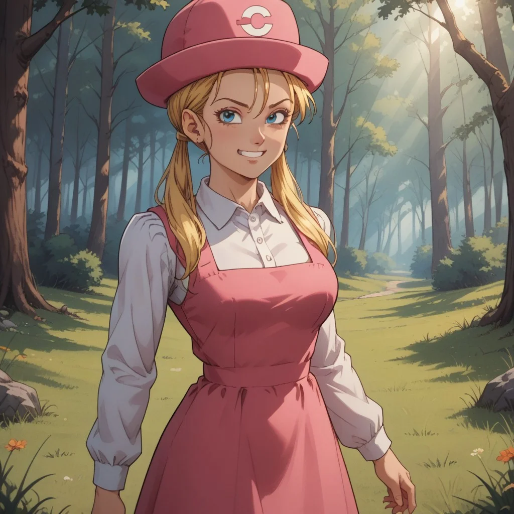 score_9, score_8, BREAK, solo, Marron_(Dragon_Ball_GT), long hair, blonde hair, blue eyes, twintails, hair tie, hair over shoulders, pink dress, sleeveless dress, collared shirt, long sleeves, white socks, yellow footwear, pink headwear, hat, tall, adult female, mature female, big breasts, self portrait, smile, looking at viewer, outdoors, sunlight, shadows, evening lighting, natural lighting, forest, trees, grass, orange sky, sunset