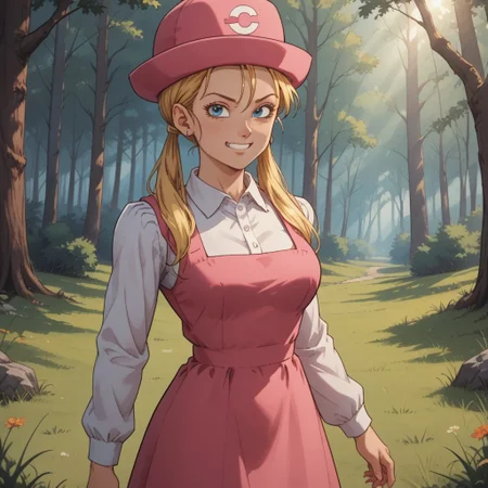 score_9, score_8, BREAK, solo, Marron_(Dragon_Ball_GT), long hair, blonde hair, blue eyes, twintails, hair tie, hair over shoulders, pink dress, sleeveless dress, collared shirt, long sleeves, white socks, yellow footwear, pink headwear, hat, tall, adult female, mature female, big breasts, self portrait, smile, looking at viewer, outdoors, sunlight, shadows, evening lighting, natural lighting, forest, trees, grass, orange sky, sunset