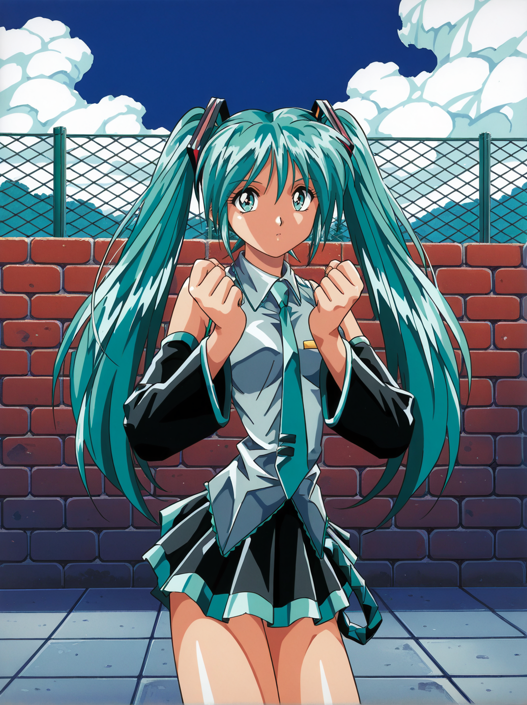 general,highres, ultra-detailed,very aesthetic,best quality ,best hands ,
<lora:Yamashita_Toshinari_style_Illustrious_FW:1.3> ,ytfw,dynamic pose,  cowboy shot,  1990s \(style\),retro artstyle,
1girl, hatsune miku,brick, brick wall, brown hair, chain-link fence, , cloud, day, hexagon, outdoors, pavement, sky, solo, stone wall, tile floor, tiles, wall, aqua eyes, aqua hair, , long hair,  collared shirt , detached sleeves, miniskirt, pleated skirt ,