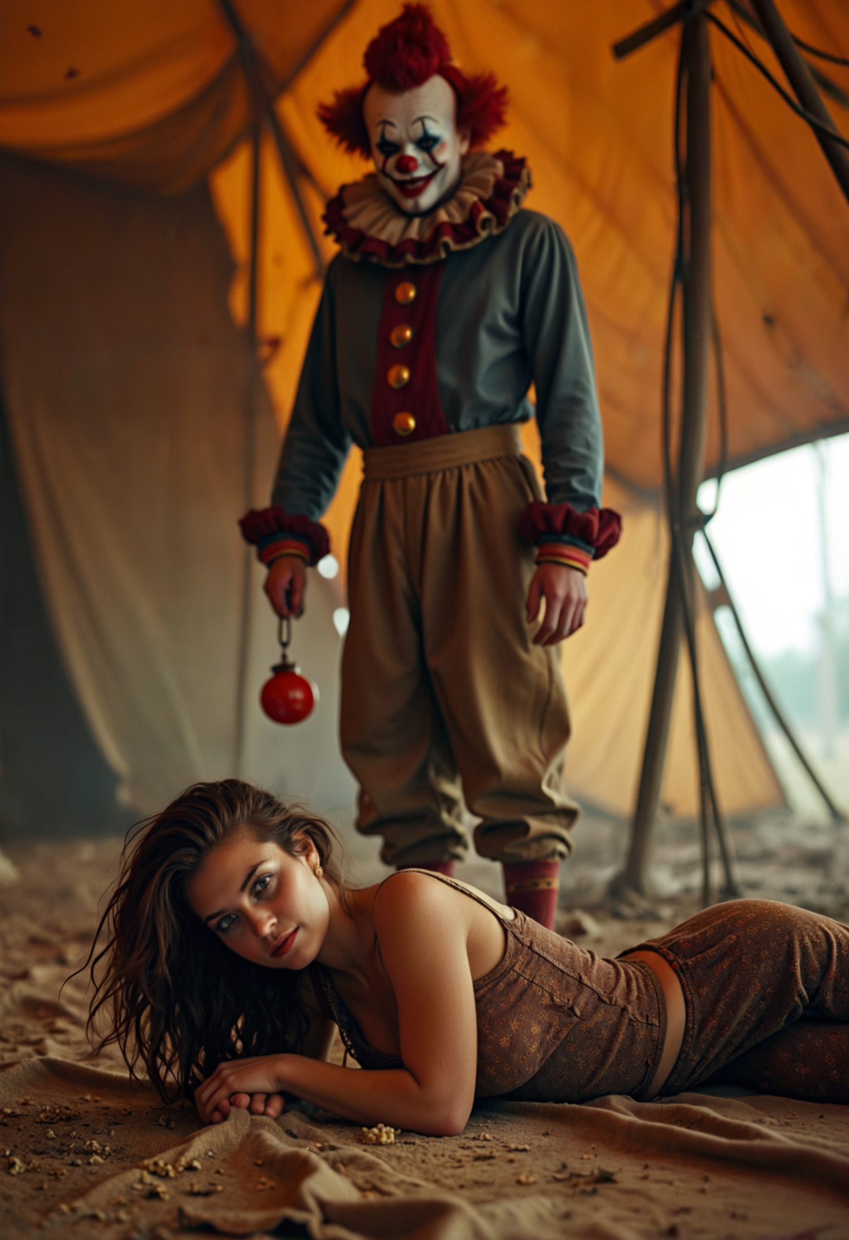 Hyperrealistic art a woman laying on the ground next to a clown in a tent with a man standing behind her and a woman standing behind her, Daniel Lieske, promotional image, a poster, aestheticism. Cinematic photography, movie mood, cinematic light, compelling composition, storytelling elements, conveys emotion, mood, and narrative depth, creating visually striking images that feel like still frames from a film. <lora:add-detail-xl:.5> <lora:Flux-style-xl-lora:.5>