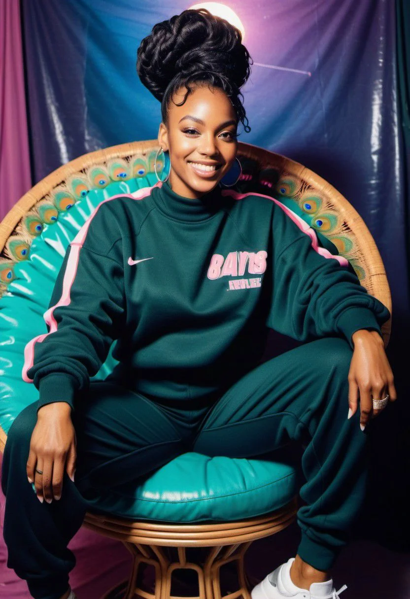 Polaroid picture of pretty black woman, sitting on a peacock chair, year 1988, wearing 80s sweatsuit, 80s hip-hop hairdo, club, party, smiling, hyperrealism, photorealism, highly detailed, full view, realistic