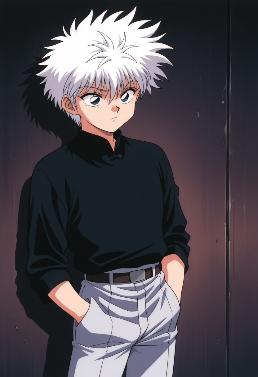 masterpiece,best quality,amazing quality, source_anime, retro_artstyle,
KiruaZorudikku,1boy, male focus, solo, blue eyes, white hair, black shirt, mandarin collar,
