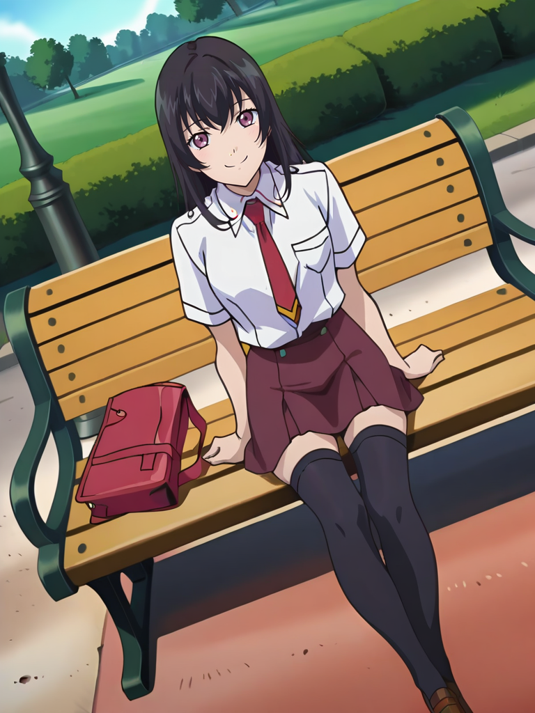 BloodyXL,, screencap, 
cute girl, long hair, black hair, black thighhighs, skirt, red tie, white shirt, school uniform, red bag, sitting on park bench, looking at viewer, cowboy shot, smile, cute, full body, solo, dutch angle,
<lora:ABloodyXL_Style:1.1>