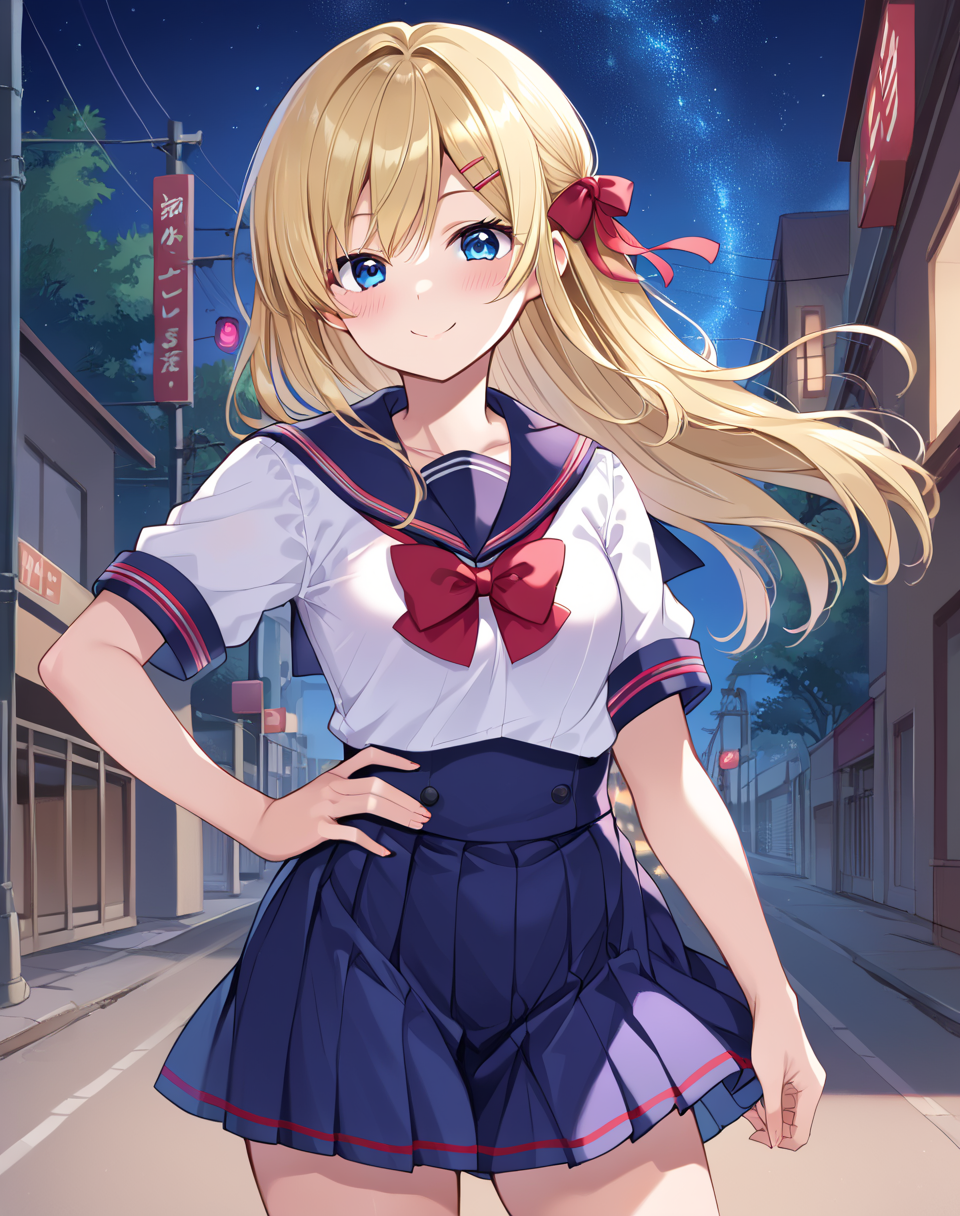 arisugawa_hakua, blonde hair, long hair, blue eyes, hair ribbon, school uniform, serafuku, red bow, sailor collar, blue skirt, small breasts  BREA outdoors, city street, night, starry sky, BREAK hand on hip, smile, blush, looking at viewer BREAK score_9, score_8_up, score_7_up, source_anime ,zPDXL,K<lora:Arisugawa_Hakua:0.8>