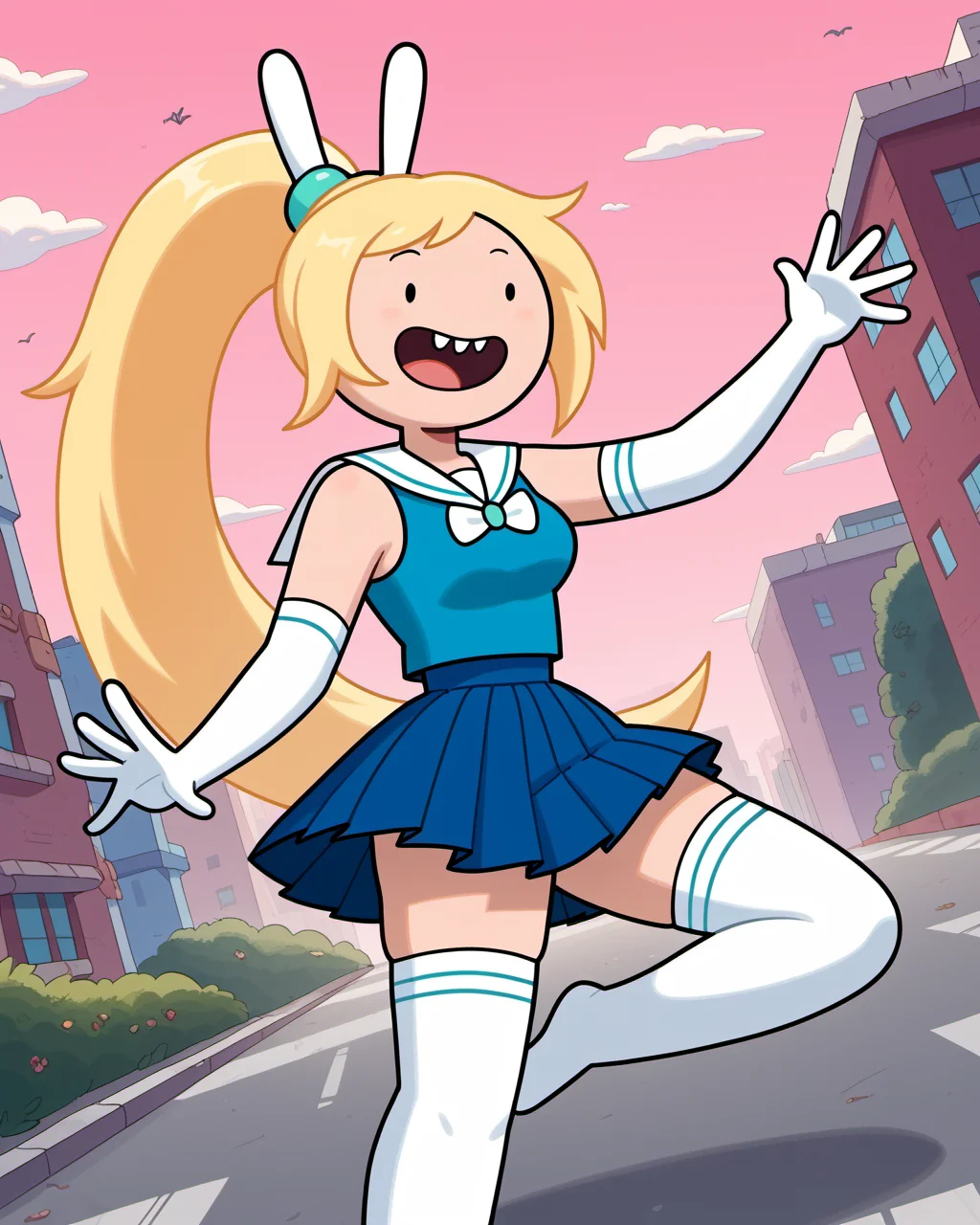 score_9_up, 1girl, solo, cute, Fionna, very long hair, ponytail, mouth open wide, smile, buck teeth, dream outfit, sailor collar, thighhighs, blue top, sleeveless, elbow gloves, pleated skirt, zettai ryouiki, dynamic pose, dynamic angle, outdoors, urban, pink background, <lora:Fionna_PDXL_V2:1>