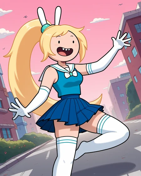 score_9_up, 1girl, solo, cute, Fionna, very long hair, ponytail, mouth open wide, smile, buck teeth, dream outfit, sailor collar, thighhighs, blue top, sleeveless, elbow gloves, pleated skirt, zettai ryouiki, dynamic pose, dynamic angle, outdoors, urban, pink background, <lora:Fionna_PDXL_V2:1>