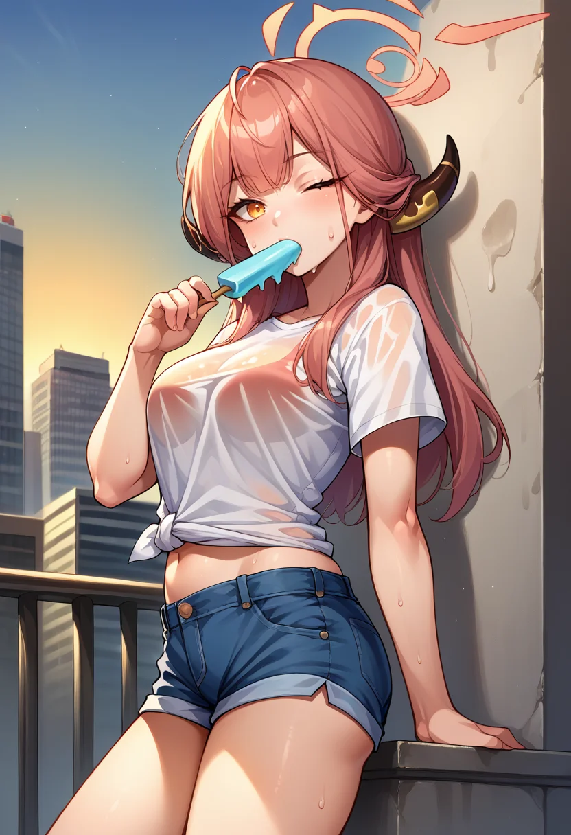 score_9, score_8_up, source_anime, 1girl, solo, RikuhachimaAru, long hair, horns, halo, white t-shirt, sweat, see-through, wet shirt, denim shorts, one eye closed, looking at viewer, popsicle, ice cream, eating ice cream, sun, city, tied shirt, midriff, <lora:ChamRikuhachimaAruPonyXL:1>