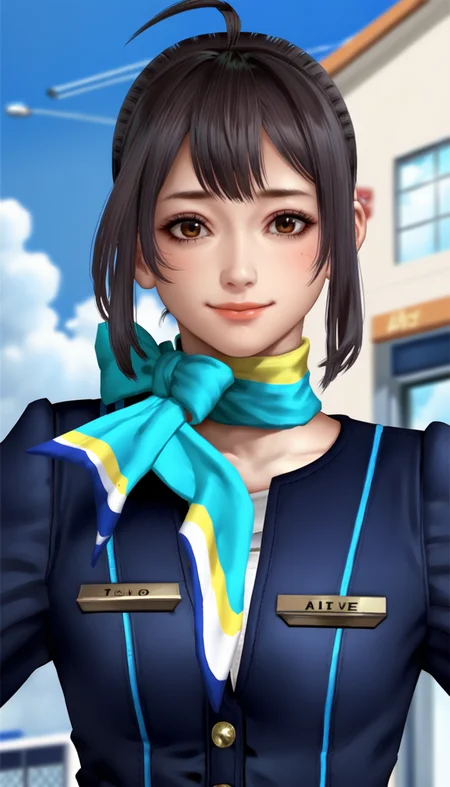 score_9,score_8_up,score_7_up,<lora:xinxianying>,xinxianying,1girl,solo,black hair,updo,bangs,ahoge,brown eyes,looking at viewer,smile,concierge costume,teal scarf,upper body,outdoors,blue sky,cloud,airport,