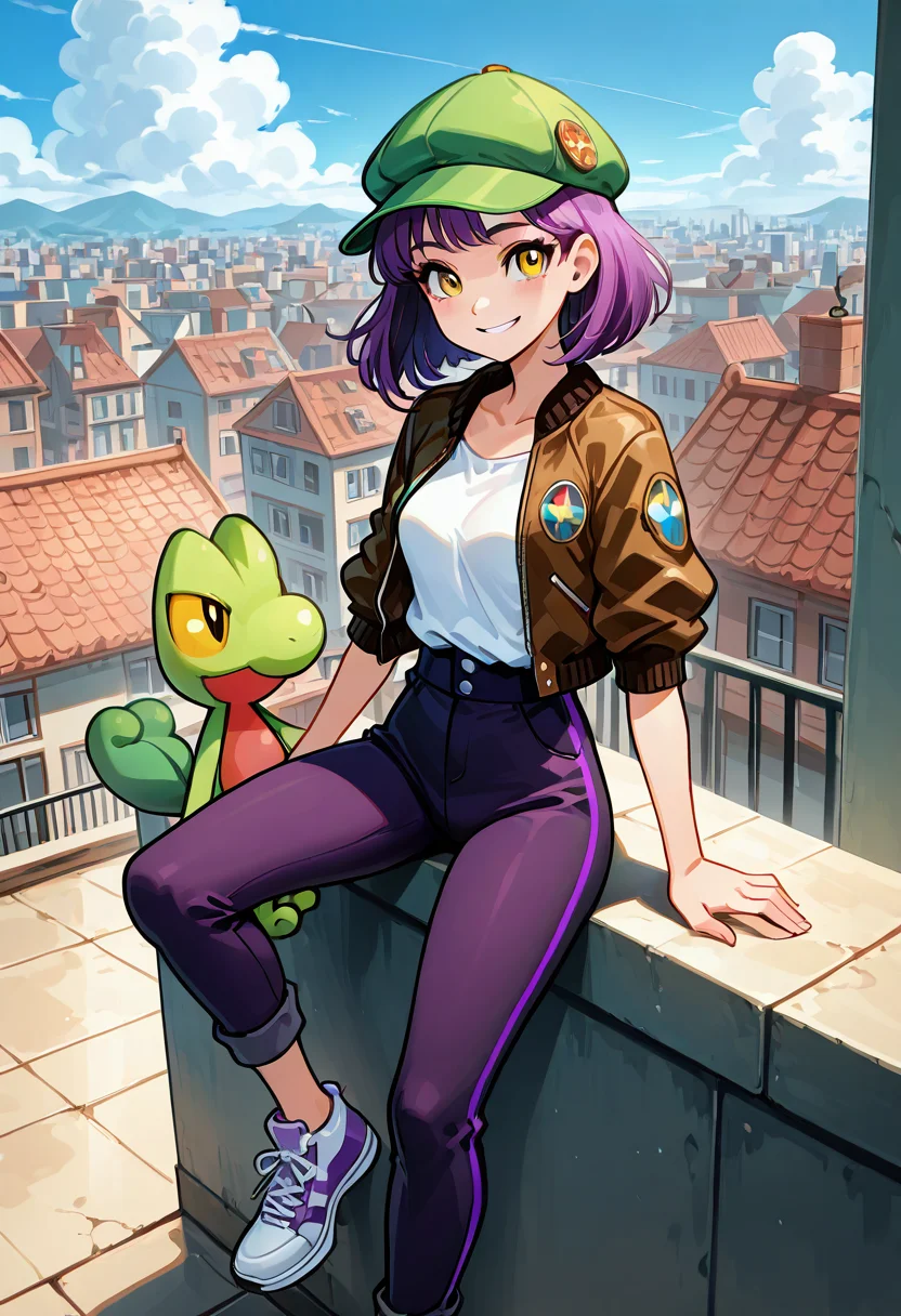 masterpiece, best quality, 1girl, solo, eyelashes, (beautiful eyes), narrow waist, smile,  sitting,     zzTreecko,  [City Rooftop Daydream], 1girl, solo, purple hair, yellow eyes, green hat, bomber jacket, high-waisted pants, sneakers, rooftop, cityscape, windblown â Perched on the edge of a rooftop, she gazes over the bustling city below. Her purple hair whips in the wind beneath a soft green cap, and her bomber jacket flutters open, revealing a layered street-style look. Her yellow eyes gleam as she daydreams among the distant skyscrapers and soft clouds overhead.     ,<lora:TreeckoPokedex_IXL:1.0>,    <lora:CoutureCraze_IXL:0.7>,