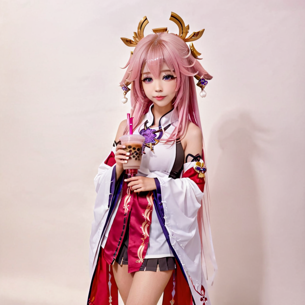woman, solo, yae_miko, drinking_straw, pink_hair, white_background, chibi, long_hair, bubble_tea, detached_sleeves, wide_sleeves, simple_background, holding, purple_eyes, hair_between_eyes, japanese_clothes, bangs, holding_cup, drinking, long_sleeves, cup, disposable_cup, full_body, shirt, ribbon-trimmed_sleeves, sleeveless_shirt, looking_at_viewer, hair_ornament, white_shirt, standing, very_long_hair, animal_ears, fox_ears, ribbon_trim, jewelry, nontraditional_miko, white_sleeves, <lora:å«é:0.75>, <lora:oowoman:0.85>