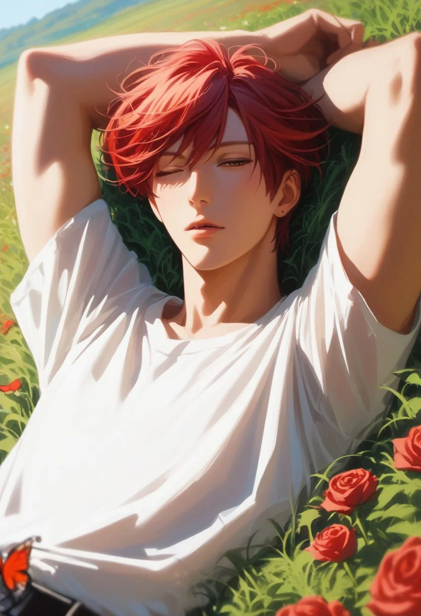 score_9, score_8_up, score_7_up, source_anime, rating_safe, tall grass, red flowers, MikoshibaGSN, (red Mikoshiba hair), red Mikoshiba eyes, 1boy, male focus, handsome prince of roses, lying, sleeping, parted lips, arms up, hands with five fingers, blurry outdoor hill side, clear sky, few butterflies, dutch angle, realistic shading, cinematic, foreground blur,