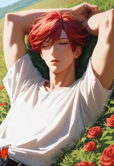score_9, score_8_up, score_7_up, source_anime, rating_safe, tall grass, red flowers, MikoshibaGSN, (red Mikoshiba hair), red Mikoshiba eyes, 1boy, male focus, handsome prince of roses, lying, sleeping, parted lips, arms up, hands with five fingers, blurry outdoor hill side, clear sky, few butterflies, dutch angle, realistic shading, cinematic, foreground blur,