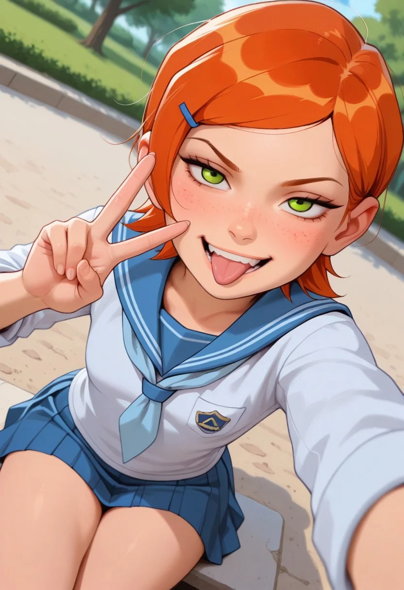 masterpiece, best quality, good quality, very aesthetic, absurdres, newest, 8K, depth of field, focused subject, mythp0rt,
stylized, wabi sabi,
1girl, gwentennyson, orange hair, short hair, green eyes, messy hair, freckles, cute,
smug, mouth open, tongue out,
petite body, small waist, curvy, thighs, shapely legs,
small breasts,
school uniform,
dynamic angle, selfie, peace sign,
park,