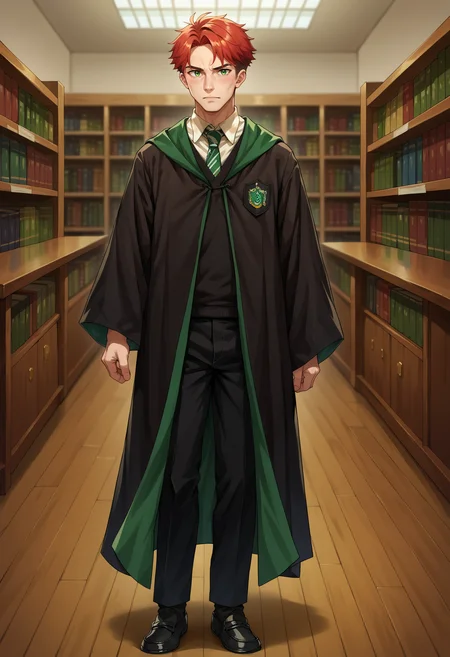score_9, score_8_up,score_7_up, source_anime, rating_questionable, 1boy, solo, medium hair, irish, red hair, <lora:EPRobeSlytherinPDXL:1.0>, EPRobeSlytherin, wearing EPRobeSlytherin, black robe, wide sleeves, green necktie, diagonal-striped necktie, white shirt, collared shirt, black sweater, badge, black pants, black loafers, standing, indoors, library,