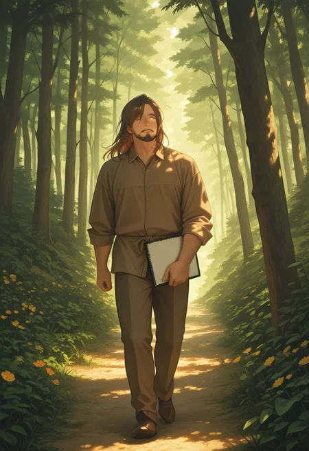 1boy, mbti_infp, mature man, long brown hair, green eyes, walking through forest, sunlight, dappled light, sketchbook, looking at flowers, serene, calm, aesthetic, nature, detailed background, highres, masterpiece, best quality