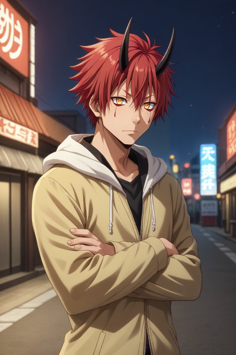 score_9, score_8_up, score_7_up, source_anime, rating_safe, intricate details, semi-realistic, , depth of field, 1boy, solo, male focus, <lora:benimaru_tensura_pony:0.76>, benimaru_tensura, red hair, yellow eyes, hair between eyes, horns, oni horns, facial mark, cowboy shot, hong kong \(city\), traffic signals, street lights, neon signs, dusk, arms under breasts, sparkling eyes, , <lora:sdxl_lightning_8step_lora:1>