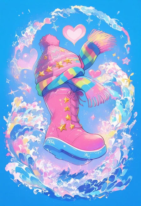 colorful, colorful, heart, mittens, multicolored clothes, multicolored scarf, scarf, striped clothes, striped scarf, waves, winter clothes, no humans, sparkle, star ornament, blue background, bootie, boots, pink footwear, beanie, masterpiece, best quality, newest, very awa