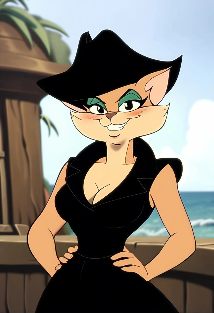 score_9, score_8_up, score_7_up, score_6_up, score_5_up, score_4_up, retro artstyle, BREAK
Tabitha_Fantomcat,cat girl,short hair,1girl, breasts, solo, hat, smile, jewelry, cleavage, hands on own hips, pirate, pirate hat,short hair, cleavage cutout, looking at viewer,black eyes, ocean, outdoors, black headwear, sleeveless, clothing cutout,short hair, grin, cowboy shot, sky, dress, bare shoulders, black dress, day, large breasts, blush, water
<lora:tabitha-v1:1>