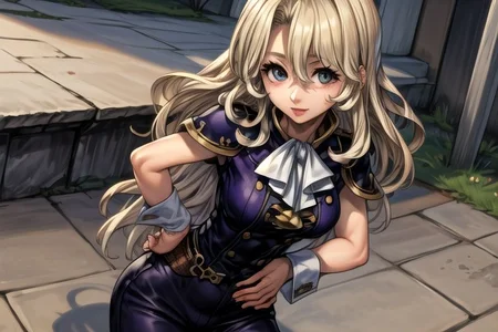 masterpiece, Lily Kokoschka , best quality, best quality, ultra-detailed, highres,sharp focus,(ultra detailed,extremely detailed), 1girl,(masterpiece, best quality), LilyKOKOSCHKA, 1girl, solo, long hair, small breasts, blonde hair, hair between eyes, uniform, ascot, wavy hair, eyes visible through hair, white ascot, riding pants, hungry clicker, Hands on Hips,