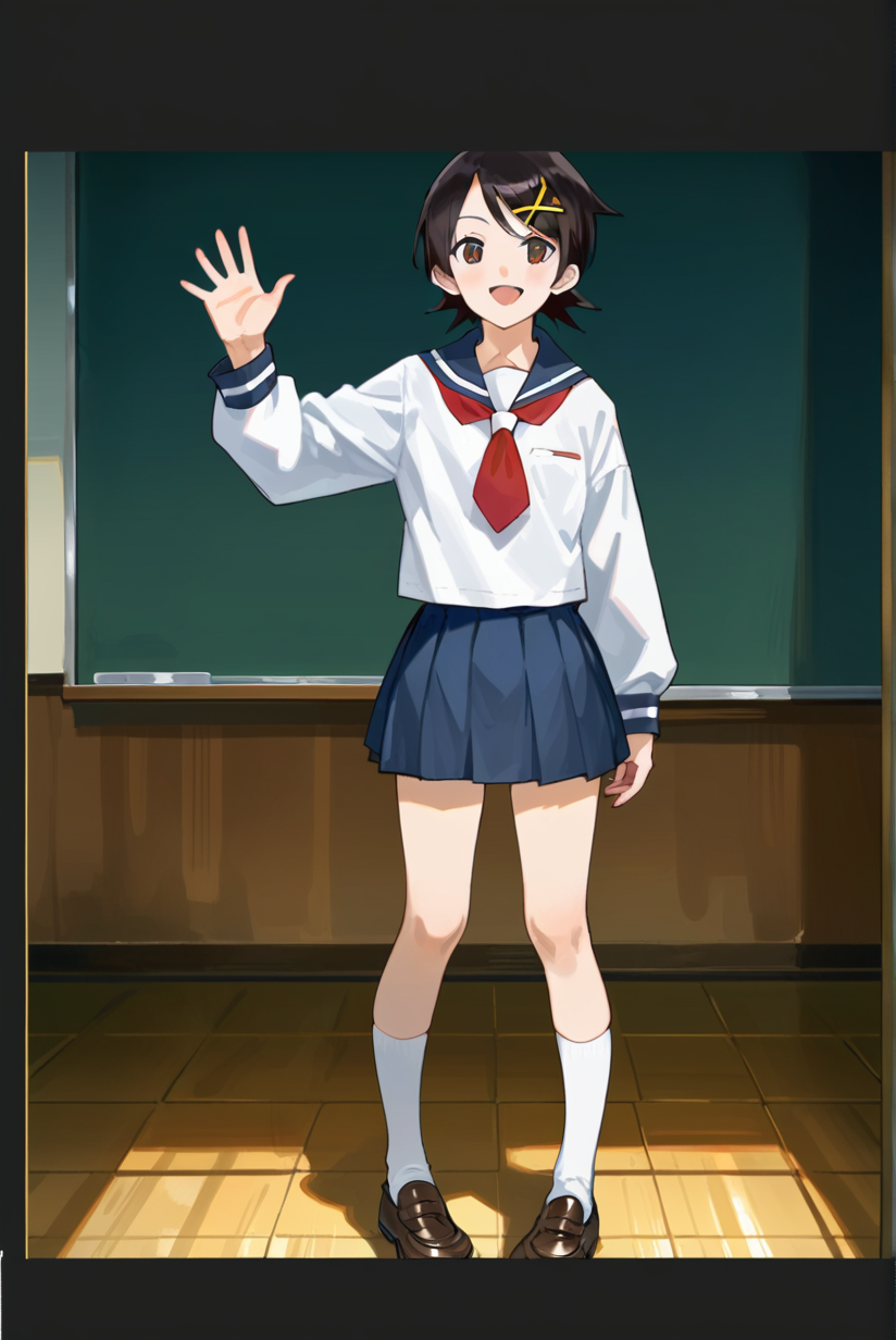 score_9, score_8_up, score_7_up, best quality, masterpiece, source_anime, anime screenshot,  BREAK,  1girl, school uniform, fuuka kakfuka, <lora:fuuka_kafukaz:1> ,in class room , Standing with one hand waving,
