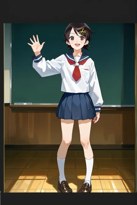 score_9, score_8_up, score_7_up, best quality, masterpiece, source_anime, anime screenshot,  BREAK,  1girl, school uniform, fuuka kakfuka, <lora:fuuka_kafukaz:1> ,in class room , Standing with one hand waving,