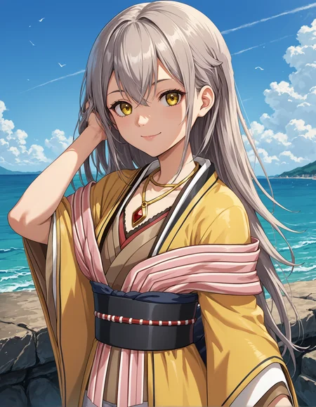 score_9, score_8_up, source_anime, 1girl, upper body, medium shot, detailed, mgrckurehayuna, grey hair, long hair, yellow eyes, gold necklace, red gem pendant, yellow kimono, brown shirt, black obi, red striped obijime, pink striped shawl, white shorts, outdoors, shore, light smile, hand in hair, evening, (side view:0.7), <lora:mgrckurehayuna_XL:1>