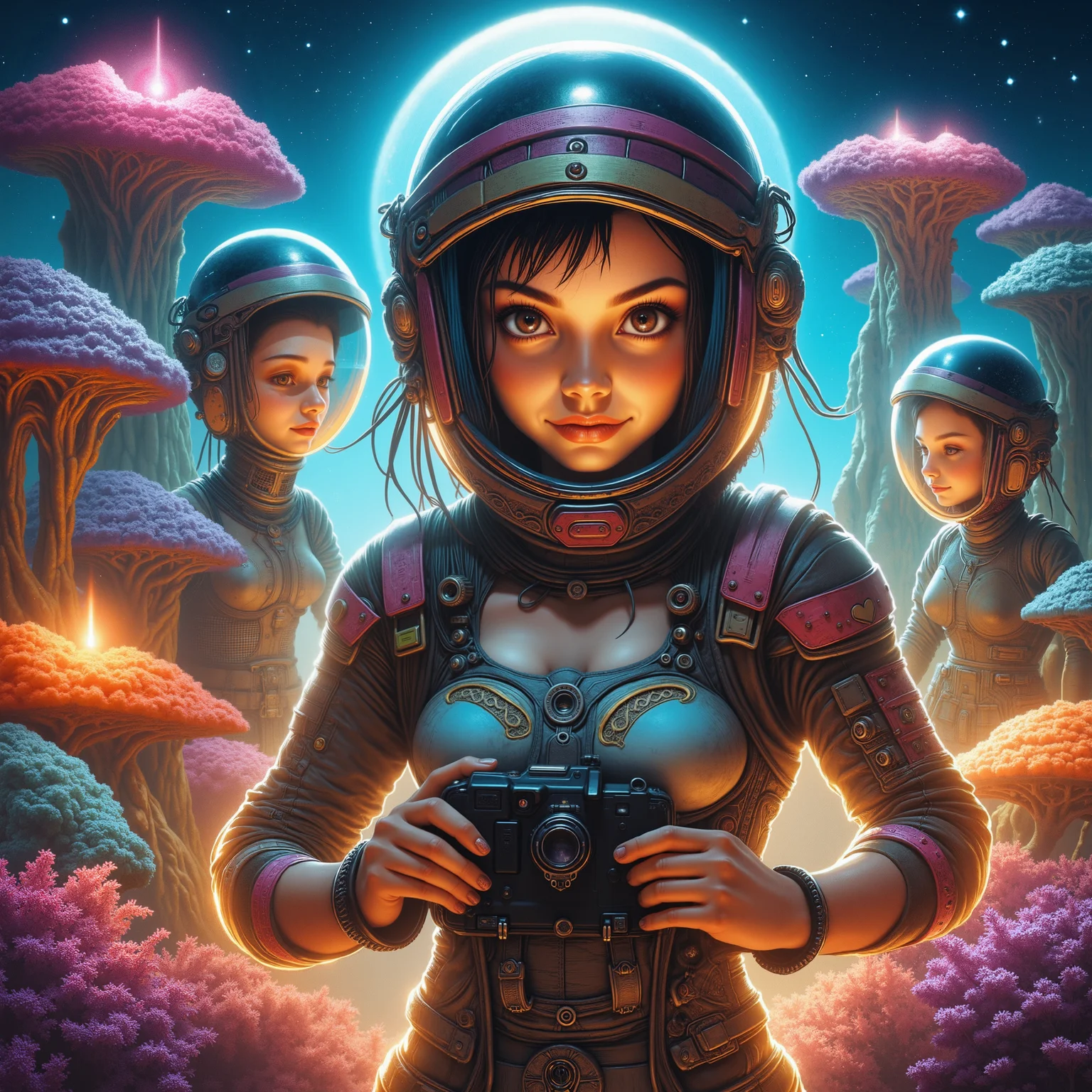 A brave woman exploring a vibrant alien world, engaging with advanced technology and friendly alien civilizations, showcasing futuristic landscapes filled with glowing flora and intricate architecture.