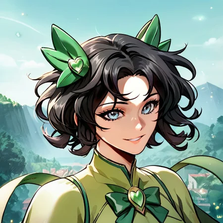 score_9, score_8_up, score_7_up, Manhwa-Artstyle, source_anime, solo, 1girl, magical girl, black hair, big curly hair, small green bow ribbon on head, green magical girl outfit, green gloves, black eyes, smile, outside background, best quality, masterpiece, detailed, Expressiveh