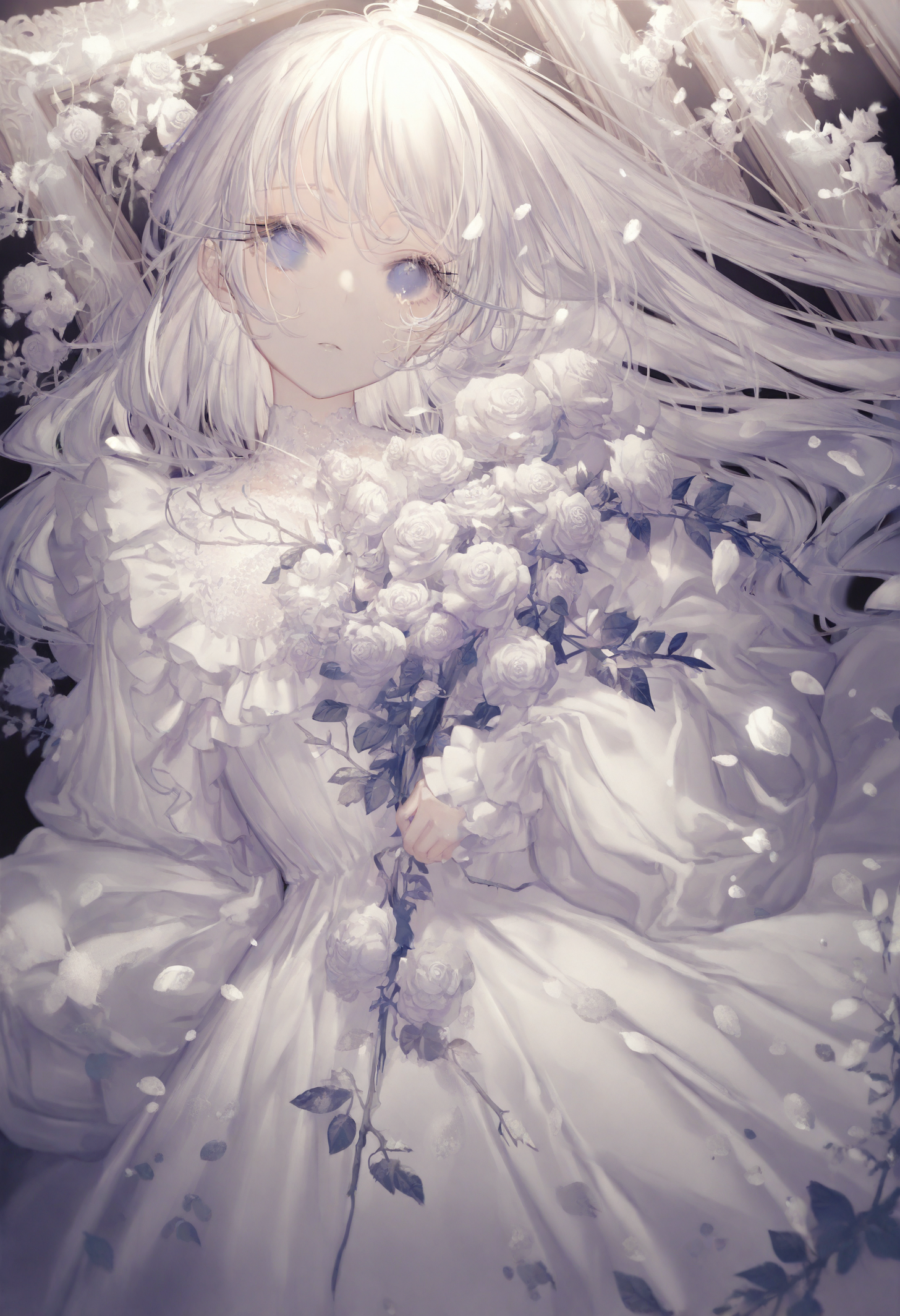 <lora:myc1_noob1.1-000189:1>,
1girl, flower, solo, white rose, long hair, rose, white flower, dress, white hair, looking at viewer, picture frame, petals, white dress, long sleeves, blue eyes, upper body, frills,
masterpiece,best quality,newest,absurdres,highres,very awa,