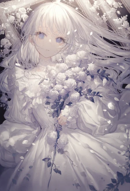 <lora:myc1_noob1.1-000189:1>,
1girl, flower, solo, white rose, long hair, rose, white flower, dress, white hair, looking at viewer, picture frame, petals, white dress, long sleeves, blue eyes, upper body, frills,
masterpiece,best quality,newest,absurdres,highres,very awa,