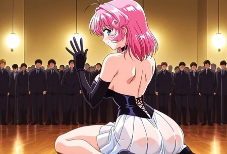 1990s (style), cel animation, <lora:anime_screencap-Illustrious:1>, anime screencap, anime coloring, amazing quality, very aesthetic, absurd resolution, masterpiece, 4k resolution, perfect anatomy, perfect eyes, (hand with four fingers and one thumb), BREAK 1girl, 3/4 body shot, <lora:CD11_rina_ill-05:1>, Rina_CD11, pink hair, medium hair, blue eyes, slim waist, wide hips, large breasts, perky breasts, perky ass, kneeling, wariza, shy, flustered, light blush, looking at viewer, shy smile, embarrassed smile, (<lora:photo_skimpy-09:1>, (black Corset, strapless, backless outfit,), black elbow gloves, (white skirt, pleated skirt, see-through skirt,), black G-String, black SkimpyChoker, straining clothes, skimpy clothes, public humiliation, public indecency, ), breast focus, BREAK (white cyclorama, white floor, soft cross lighting, soft overhead lighting, indoors, male photographer, multiple men, voyeuristic onlookers, people staring, casual clothes,),