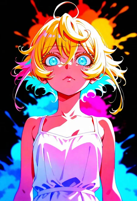 score_9, score_8_up, score_7_up, score_6_up, 1girl, TTanyDegurechaff, lips, thin lips, narrow mouth, solo, looking at viewer, TanyDegurechaff, light dress, pastel colors, relaxed pose, blonde hair, cold blue eyes, glowing eyes, piercing gaze, colorful, doll-like face, delicate features, upper body, from below, back lighting, dark, multicolored background, blurred background, small colorful candies falling from the ceiling, some blurred, colorful, explosion of colors, masterpiece, best quality, colorful, bright, pleasing to the eye, bright, multicolored, bright colors of paint, masterpiece, best quality, amazing quality, very aesthetic, absurdres, lots of multicolored rainbow light, focus on the face, lots of soft light, soft colors