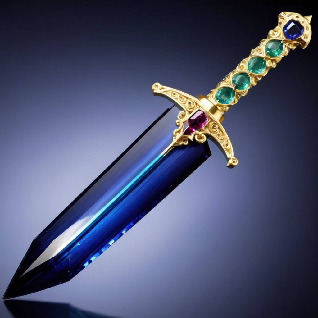An exquisite sword, its blade forged not from metal but from a shimmering, translucent gemstone. The blade should radiate with colors, perhaps a gradient of deep blue sapphire transitioning to a clear diamond tip. The hilt and guard of the sword should be adorned with various precious stones â rubies, emeralds, and amethysts, intricately set in ornate patterns. The sword should gleam with an ethereal light, making it look both majestic and otherworldly. The photograph's quality should be of high resolution, capturing the intricate details, facets, and the play of light on the gemstones,<lora:ggmine:0.45>,ggmine