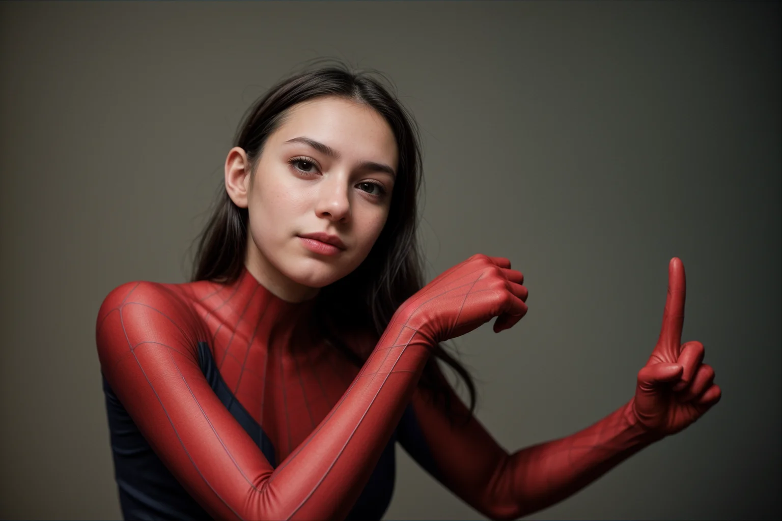 Marvel movies,from below,photo of a 18 year old girl,spiderman,pointing at viewer,happy,ray tracing,detail shadow,shot on Fujifilm X-T4,85mm f1.2,sharp focus,depth of field,blurry background,bokeh,lens flare,motion blur,<lora:add_detail:1>,<lora:LCM_LoRA_Weights_SD15:1>,
