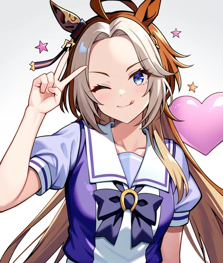 score_9, score_8_up, score_7_up BREAK
tracen_uniform, 1girl, solo, long hair, breasts, looking at viewer, smile, bangs, blue eyes, simple background, brown hair, shirt, white background, bow, animal ears, closed mouth, school uniform, upper body, ahoge, short sleeves, multicolored hair, one eye closed, tongue, puffy sleeves, tongue out, bowtie, sailor collar, star \(symbol\), two-tone hair, puffy short sleeves, v, horse ears, horse girl, purple bow, purple shirt, sailor shirt, tracen school uniform, summer uniform, purple bowtie, horseshoe ornament,
<lora:orfevre-ponyXL-000006:0.75>,